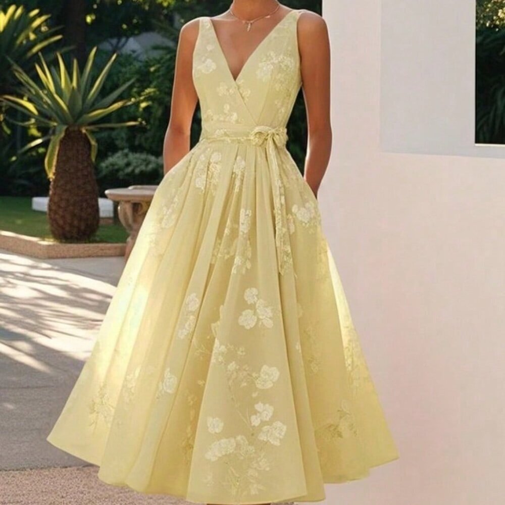 Yellow Elegant Women's Sleeveless Vest V-Neck Dress